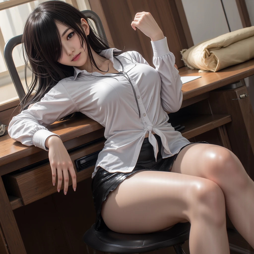 Best Picture Quality, Full Length Portrait, Cinematic Texture Shot, Exquisite Face, Beautiful Face, 20 year old Female, Smiling, Slim Figure, Small Breasts, Office Lady, Office Attire, Black Stockings, Indoor Scene, Office, Sitting, Reading