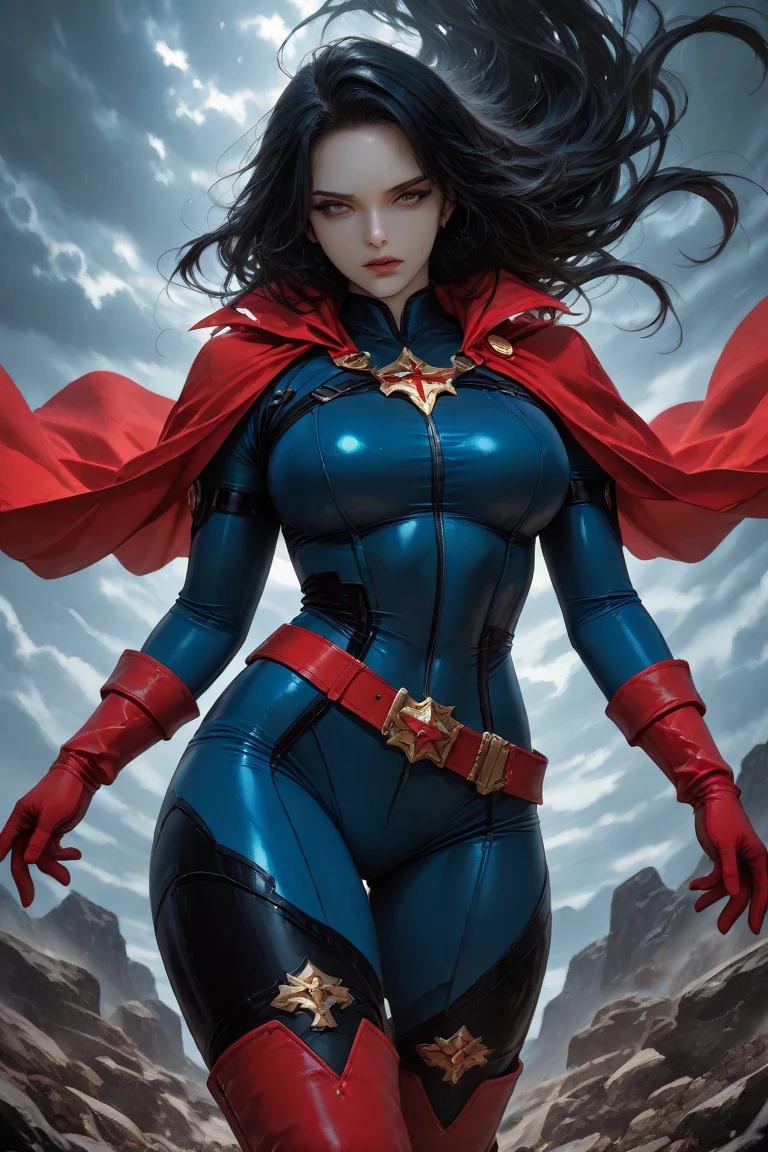 Waist up (perspective angle from bottom to top) super heroine hot woman (masterpiece), best quality, expressive eyes, perfect face, art in fantasy mythic action effect, sharp focus, wearing super detailed suit with mechanicles part & hero cape, cybersamurai, glowing, holding sword