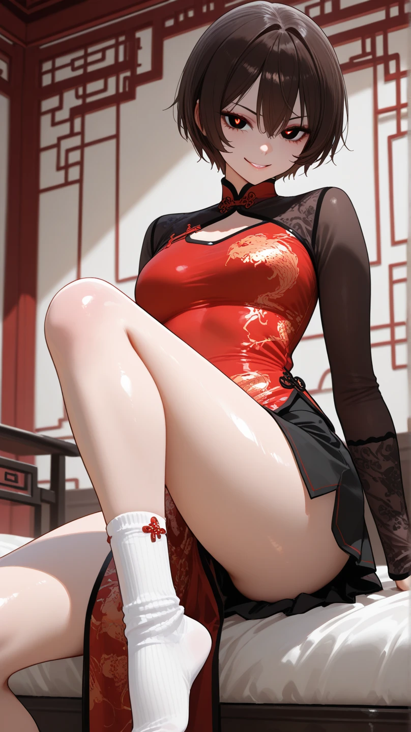 masutepiece, Best Quality, 1girl in, (karen),Red color hair, (red eyes:1.2),((qipao dress))、((a miniskirt))、((embarassed expression))、((Bedroom))、((Spread your legs apart))、((pantyhose))、((short-hair))、((Behind photo))