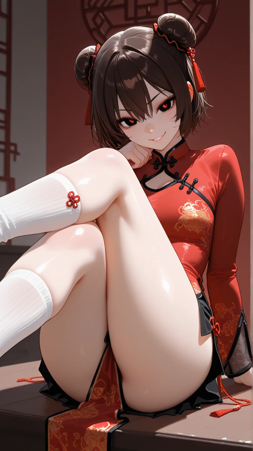 Yazawa Nico,red eyes, cheongsam,blush,Blunt hair, on the ground, Beat the , spread legs，Smile，（（（black leggings））），camel toe，Bare toes，chubby，Do not wear