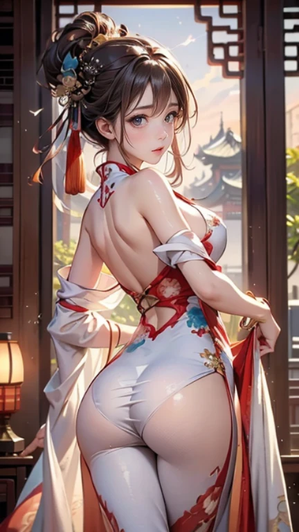 (((white Chinese dress)))(((half up hair))), (black hair), (beautiful legs)(sitting)