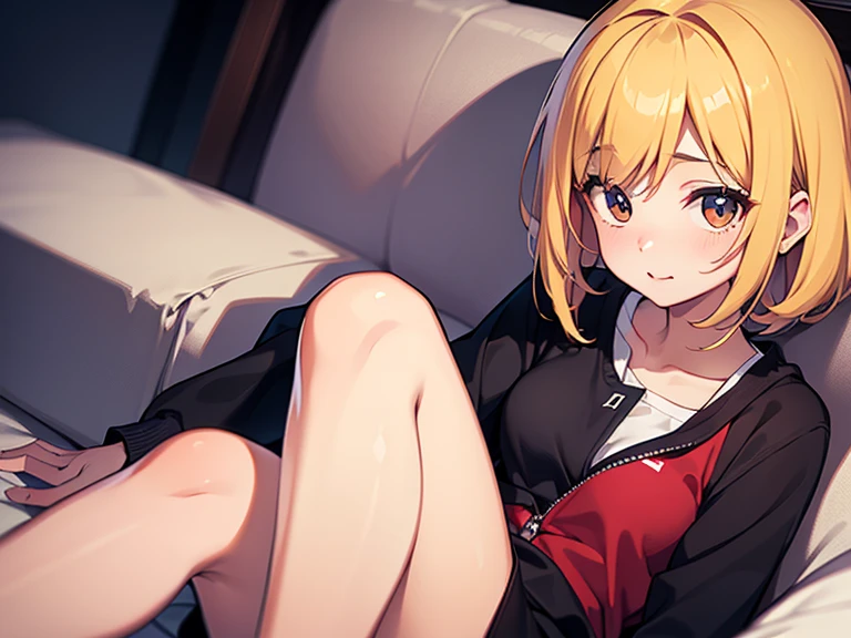 (masterpiece), (best quality), shot from head to waist, solo shot of Android 18 from Dragon Ball, sitting in a red movie theater chair intently watching, wearing a (purple tracksuit top exposing a hint of her black camisole), purple tracksuit bottoms, short blonde hair loose, blue eyes focused intently, earrings on earlobes, slender feminine figure, narrow waistline visible, collarbone visible, inside a movie theater, 4K