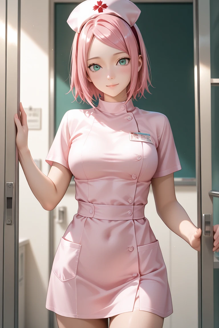 1woman, solo, nurse, white nurse cap, white nurse uniform, ((white legwear, zettai ryouiki)), white gloves, pink hair, green eyes, drooping eyes, pink lips, smile, standing, ((hospital room)), sharp outline, short sleeves, mature female, 32 years old, best quality, masterpiece