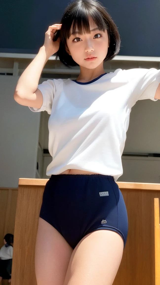 Head-to-toe portrait、alone、high school girl、Natural body shape、White skin、Natural Makeup、Black Hair、bangs、Straight Long Hair、((School-specified gym clothes))((The upper body is white gym clothes、long hem))、((Dark blue tight bloomers))、(((Tuck the bottom of your gym clothes into your bloomers)))、Big Breasts、((The upper body is wearing gym clothes))、((locker room))、Looking at the camera、、Full body photo、Focus on the groin、Exposing thighs、((Show the soles of your feet、Raise your knees and spread your legs))、(sitting on a white gymnastics mat)、(((Beautiful toes)))