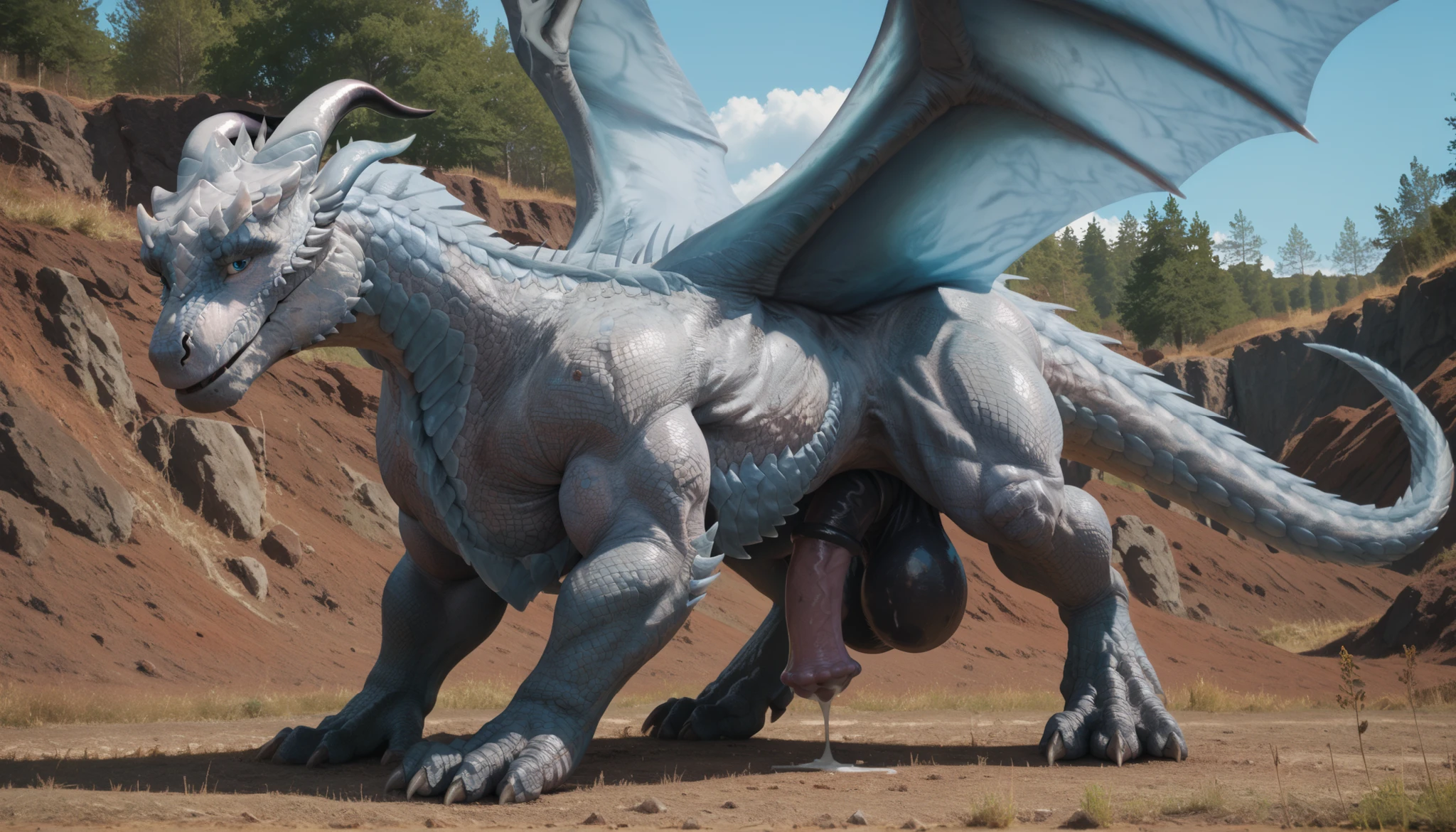 feral furred dragon, forest, high resoultion, realistic, 4k, upscales, high detail, realistic fur, fluffy, shaggy, delicate fur, green eyes, thin cock, hyper balls, saggy balls, presenting penis, standing, long thick tail, 4 digitigrade paws, bedroom eyes, smug look, detailed eyes, white sclera, perfect pupil, peeking at viewer, big eyes, precum dripping from cock, black fur, black body, furry balls, fur tuft on balls, dragon wings, dragon face, furry chest, furry legs, lifted tail, tight asshole, on 4 paws, rear facing viewer, looking back at viewer