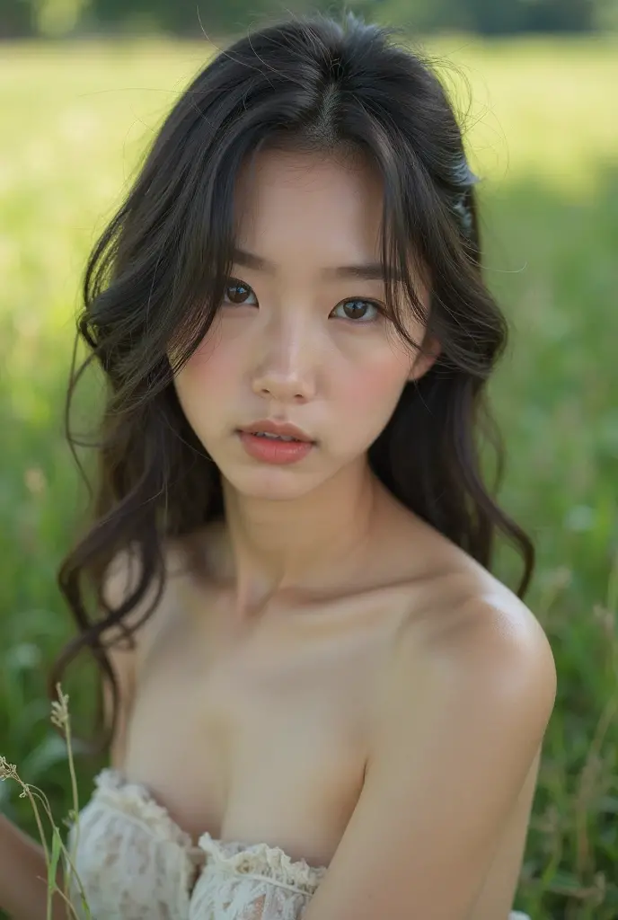 a beauty girl, fullnude、skinny, Summer flower garden、18year old、bustshot