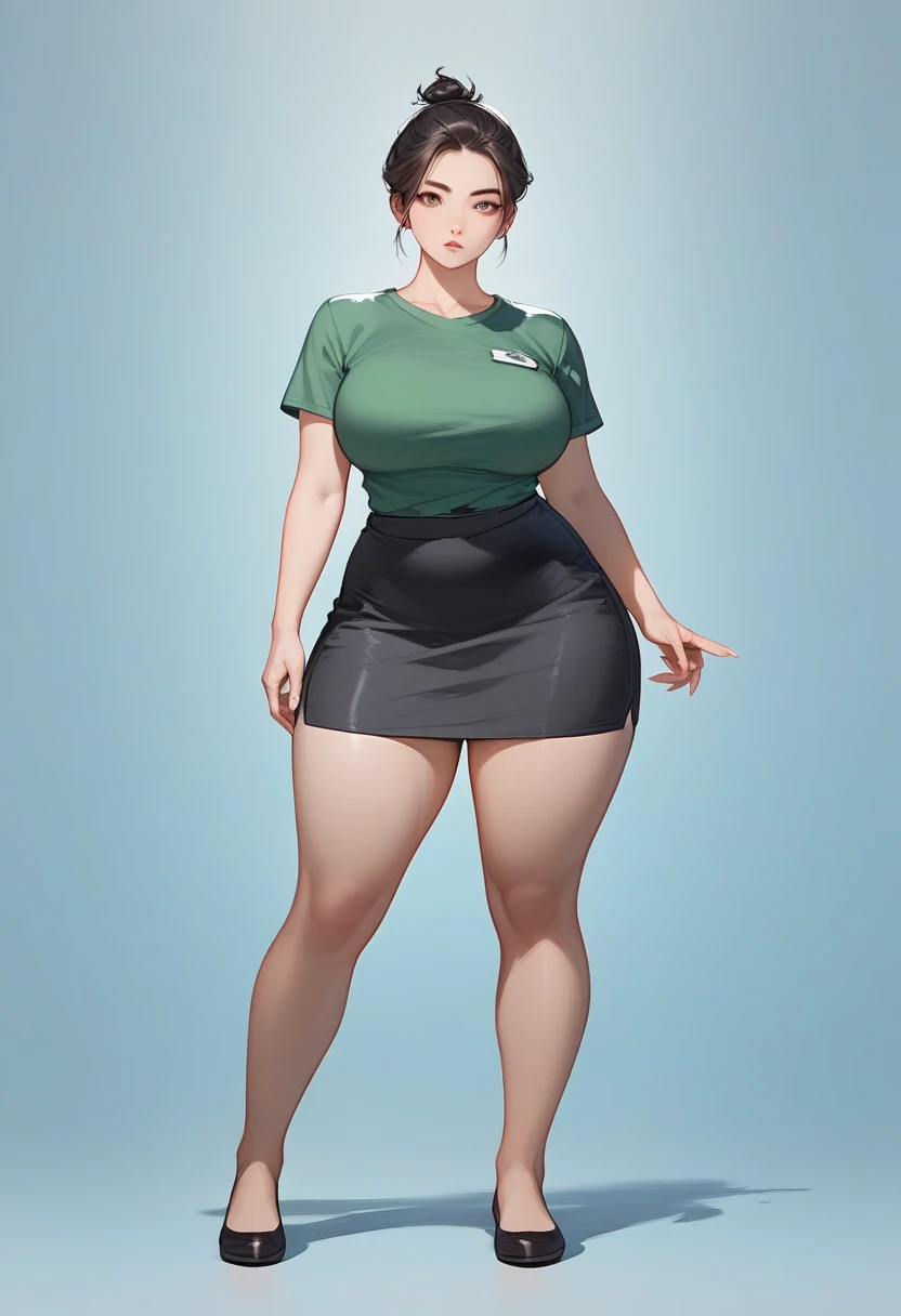 thicc ,full body, green t shirt,huge breast, brown hair, short hair, red eyes