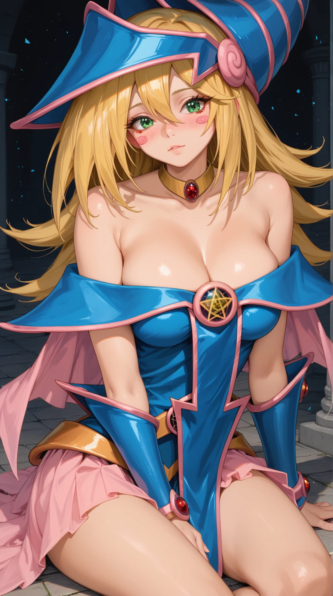 Black Magician Girl、super breasts、thick thighs、blonde hair、magic circle、8K, 4k, highest quality, High resolution: 1.2),winking、One breast exposed、cute anime face、Pink blush on cheeks、noise removal、Leotard that bites into