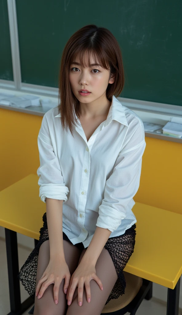 (Ultra-realistic), (figure), (High resolution), (8k), (Very detailed), (Best figure), (Beautiful and detailed), (Highest quality), (Super detailed), (masterpiece), (wallpaper), (Detailed face), alone, One Girl, watching viewer、(High resolution),(High resolution),(High resolution),(8k), One girl、Indonesian teacher_uniform_long_sleeve_shirt_brown tawny #7E481C_long_skirt (color matches the shirt), white_shoes、standing in a light rain ((raindrops visible on head and face)), wet shirt, In the forest, shirts lift, Large round breasts, Show off your breasts, extreme close-up shot, Shot from below,