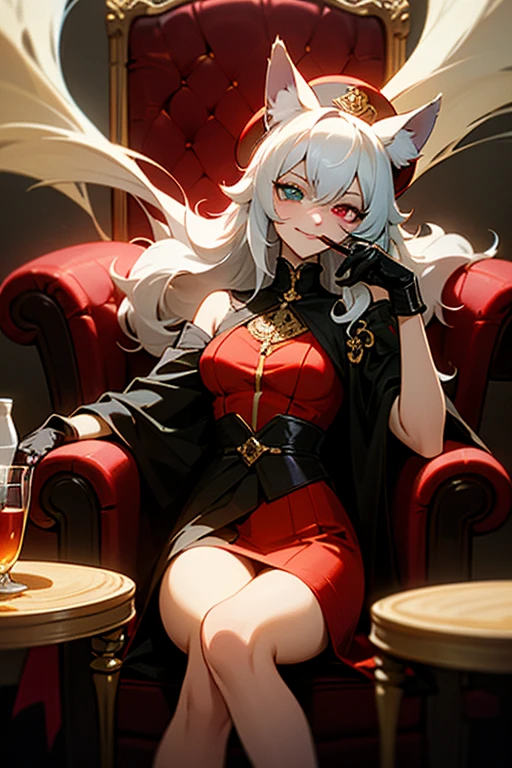 A mature woman with long silver hair and straight bangs,red eye,wearing a red sexy fancy dress,and wearing a fedora hat woman,thug smile to camera,sit on the chair at night club,scenery fancy and beautiful around her,a persian cat laying on her,beautiful menacing around her