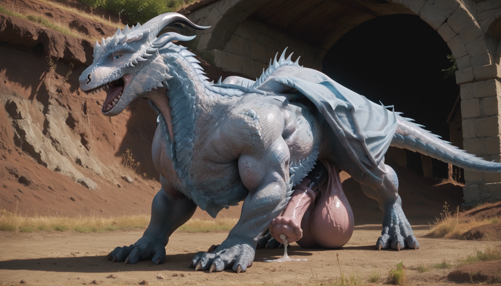 8k, fine details, (ultra detailed), a beautiful and detailed full size portrait of a female anthro godzilla, GodzillaXP, ((black body, black skin)), pink eyes, glowing eyes, empty eyes, tail, bedroom eyes, High Dynamic Range, cinematic shot, detailed eyes, big body goddess, big body, kenket, Ross Tran,ruan jia, vip, trending on artstation,foxovh, cenematic lighting, big breaths, big , big , big , big bobs, looking at viewer, (((black nipples, vagina, sad, detailed eyes)) full body, ((holding body, high angle view, lying down, pov sex, penis in vagina, cum in vagina, blush, getting penetrated by a human)), stone wall, grass, detailed background,