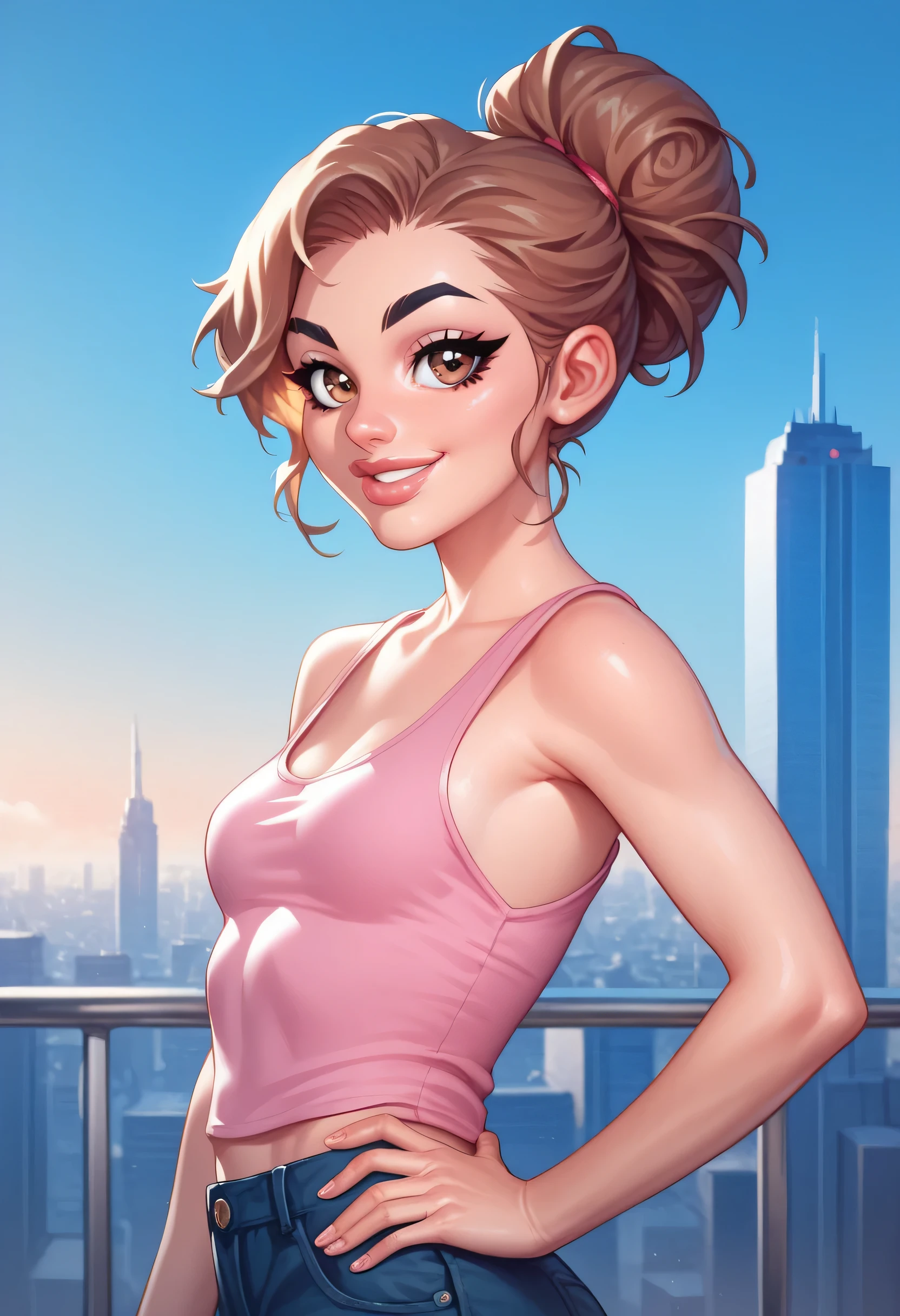 cityscape, 1girl, hair bun, brown hairstyle, black eyebrows, thin eyebrows, big eyes, brown eyes, thick lips, big smile, perfect face, beautiful girl, small breasts, tank top, pink tank top, hand on hip, (gil elvgren), (from side, looking at viewer)