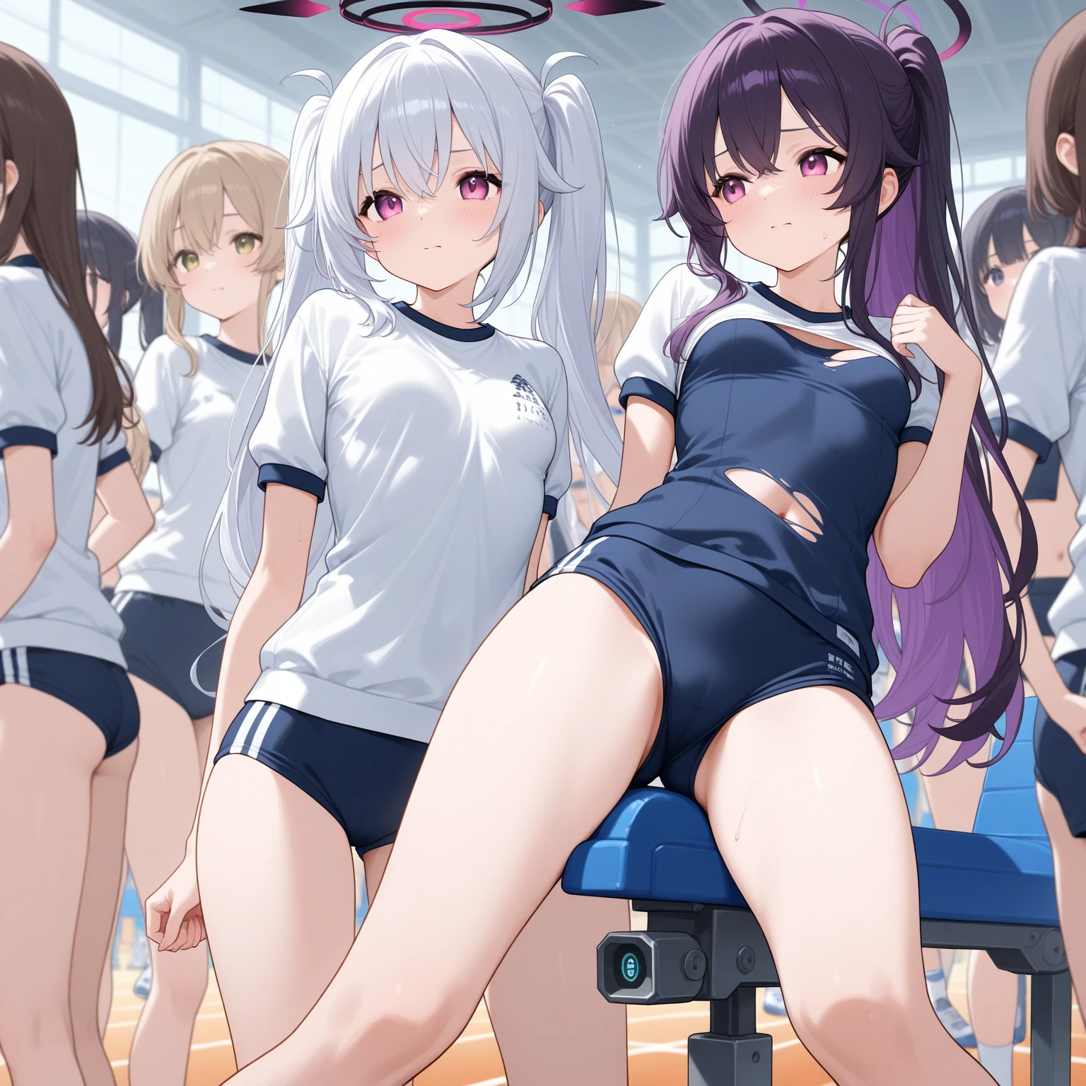 (masterpiece:1.2, best quality), (highly detailed:1.3), school locker room, multiple girls, 5girls, five girls, , long legs, (white panties and bra), posing for camera, smile, sneakers, (changing clothes), chatting, talking, bright, warm, seductive posture