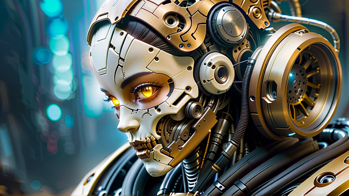 1mechanical girl,((ultra realistic details)), portrait, global illumination, shadows, octane render, 8k, ultra sharp,metal,intricate, ornaments detailed, cold colors, egypician detail, highly intricate details, realistic light, trending on cgsociety, glowing eyes, facing the camera, neon details, mechanical limbs, mechanical vertebra attaching to back,mechanical cervial attaching to neck,sitting,wires and cables connecting to head, gigantic breasts, cleavage, bursting breasts, brunette hair, wide angle, huge ass, worm monster with a lot of teeth swallowing woman's head, abstract art, pixel art