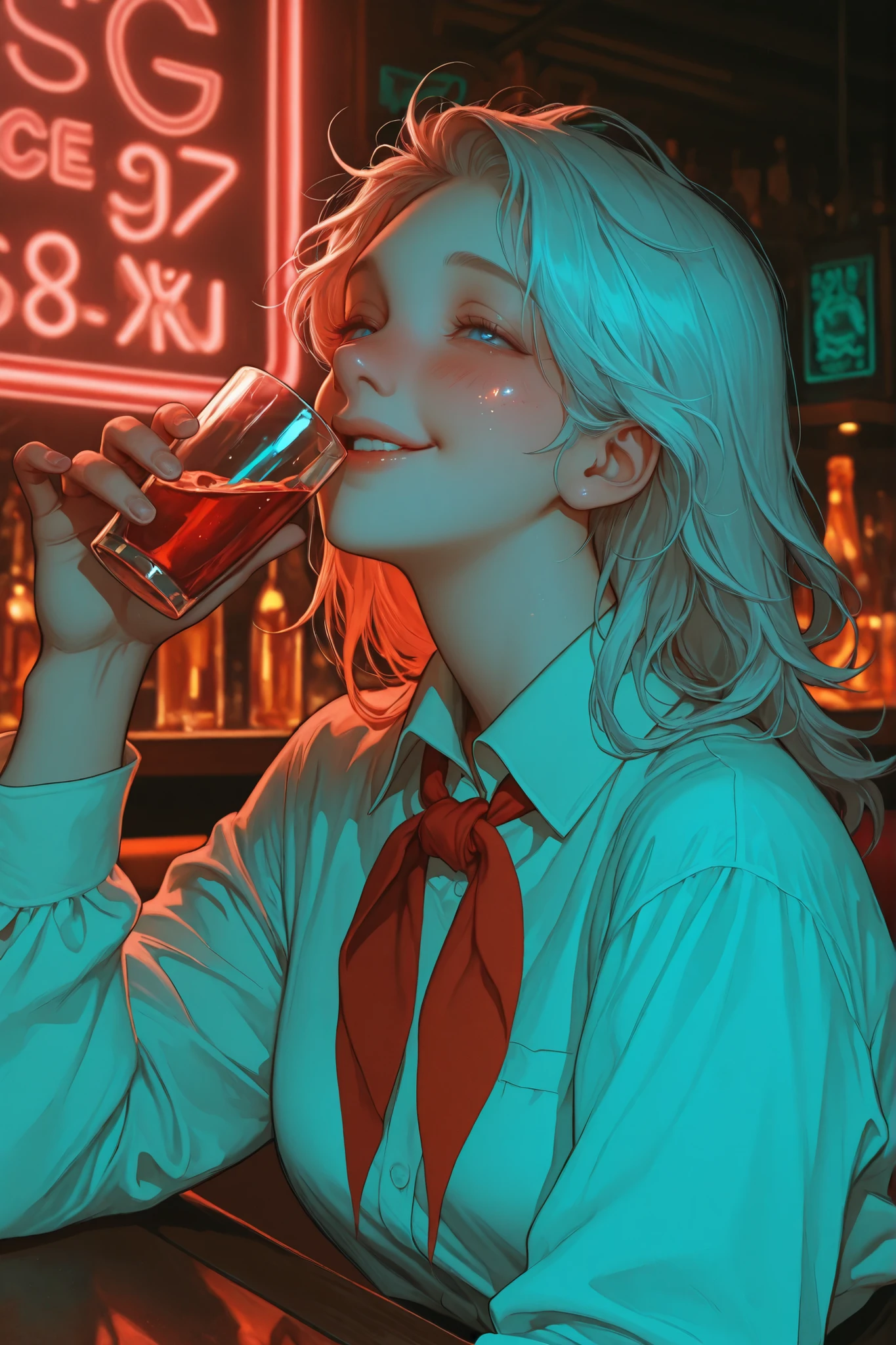 monroesweet,USSR Pioneer,red neckerchief,white shirt,collared shirt,ruanyi1098,bar , neon lights, score_9, score_8_up, score_7_up, 1girl, neon light reflections on skin, neon lights background, low light, bar, drinking, tall classy glass, blue and greeen florescent liquid, depth of field, highly detailed, high contrast, film grain, Rim Lighting, long Exposure, drunk smile, drunk girl, light hair, blue eyes, short disheveled hair, accurate snub nose