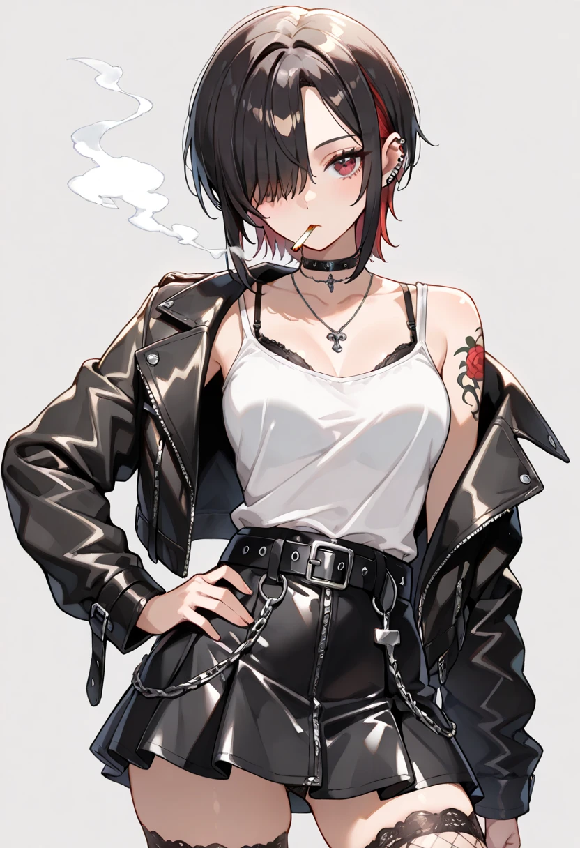 young girl, short black hair, violet eyes, smirk, Black leather jacket with spikes, open belly, breeches, Chains on clothes, scar on face, cigarette, Smoke, hiquality, 4k, HD, Good detail