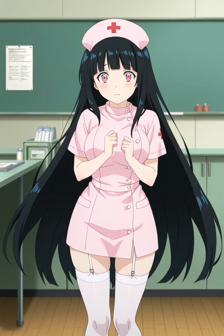 1girl, (masterpiece:1.3), highres, high quality, highres, ultra-detailed, best quality, (perfect face and eyes:1.2), (textured skin:1.2), (pixiv), (solo), <lora:haruko-09:0.7>, haruko, long hair, black hair, mole under eye, labcoat, green shirt, black eyes, lips, (looking at viewer), lab, squatting, smile,