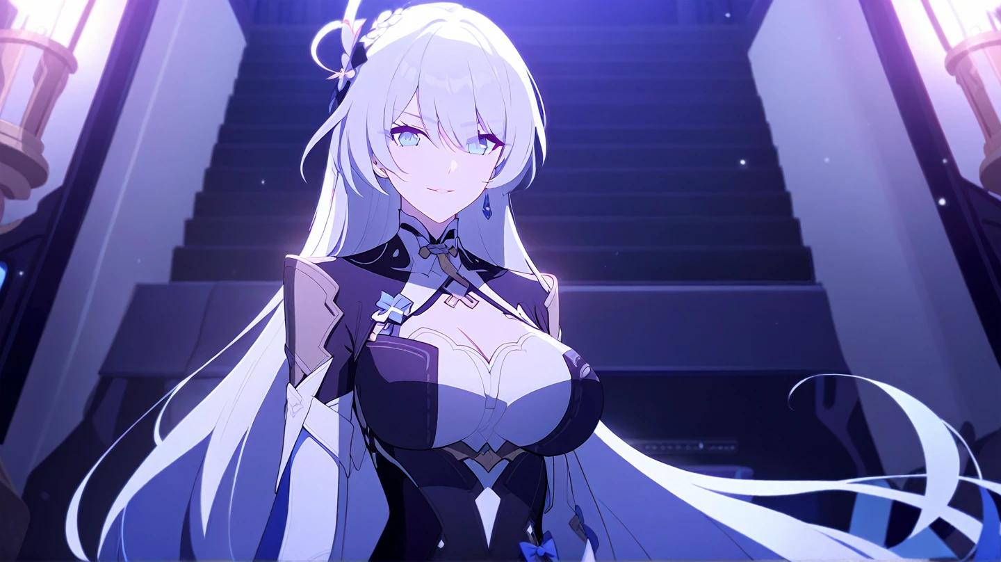 (1girl), (solo), (icy-blue eyes), (forehead), (white hair), (wavy hair), (fur), (blue necklace), (dark red details)