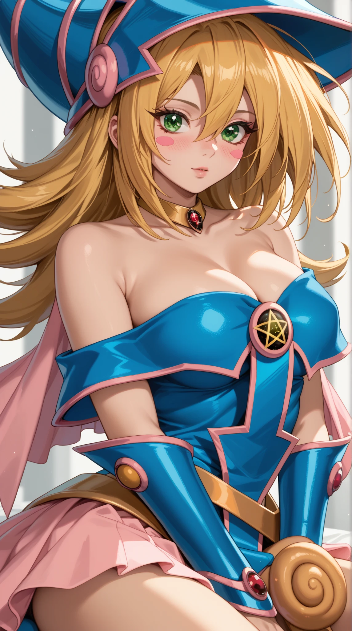 straight-on, upper body, solo, BREAK
ANIME_dark_magician_girl_YuGiOh_ownwaifu, www.ownwaifu.com,
blonde hair, long hair, dark magician girl,breasts, hair between eyes, medium breasts, blue eyes, bangs, collarbone, spiked hair, blush stickers, large breasts, green eyes, 
bare shoulders, blue headwear, choker, duel monster, hat, wizard hat, cleavage, blue leotard, jewelry, gem, necktie, star \(symbol\), vambraces, pentacle, bracer,pelvic_curtain,hexagram,
<lora:ANIME_dark_magician_girl_YuGiOh_ownwaifu:0.8>,, official art, highres, scenery, (masterpiece:1.1), (best quality,:1.1), (high quality:1.1), (anime screencap:1.2),