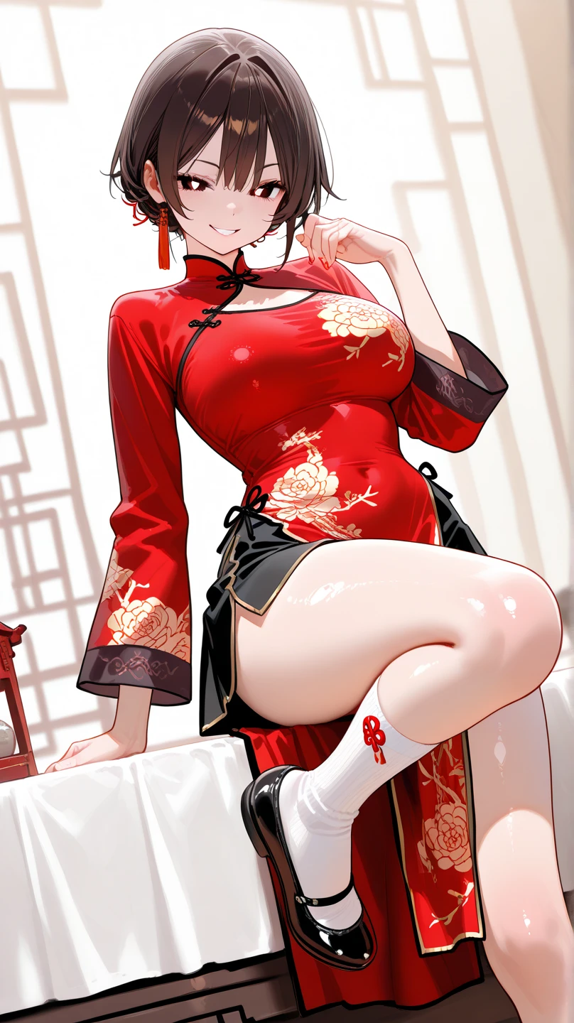 High resolution, 18 year old female , good lighting, despicable, , (No nudity), (((Silk cheongsam))),(stockings),cute face, I&#39;m embarrassed and blush, ((See-through)),