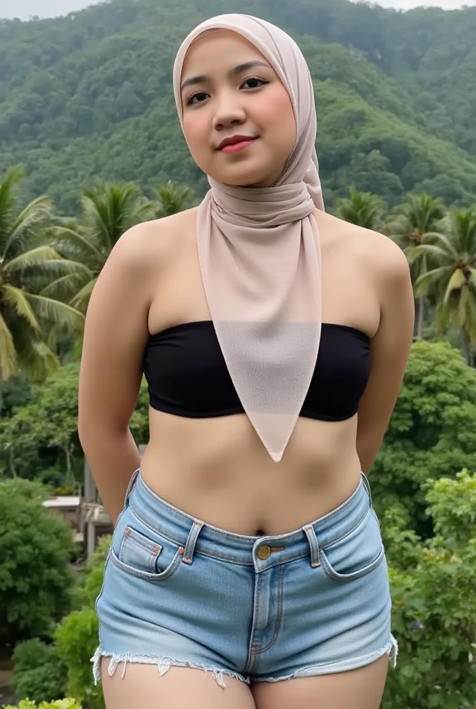 (masterpiece, best quality:1.3, fisheye), extremely high detailed, intricate, 8k, HDR, cinematic lighting, front pov, slim waist, wide hips, narrow face, plump cheeks, big breast, wearing lilac bra and loose jeans, at the balcony, malay women wearing hijab, cameltoe focused angle