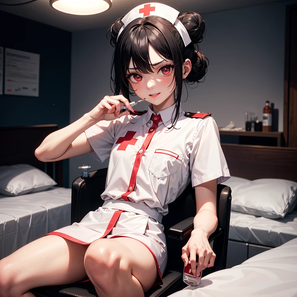 1. Chinese female nurse, 26 years old, ((A stethoscope is worn around his neck)), Live-life portrait, photorealiscic face, realistic body, realistic skin, Black nurse uniform, Exposure, Women's Clothing, ((Whole body: 0.8)), (HQ skin: 1.2.), Shiny skin), (sexy face:1.3), (Medium breasts: 1.2), (((directly from the front))), Delicate detailed face, Delicately detailed legs, ((Perfect body: 1.1)), A full-body photo of a woman, Facial expression details are clearly visible, super real, Deep cleavage, All over body, looks at the viewer, Standing posture, Accentuate sexy breasts and slender legs, Indoor bed environment at night, Emphasize the atmosphere, Wearing white glasses, Full body composition, The background is darker, ((Lie on the bed)), Diamond ring, Diamond necklace, ((Wearing a medical mask at the mouth)), Black flat stockings, Sexy face, red high heels, black hair, blunt bangs, long hair, floating hair, nurse cap, furrowed brow, blank eyes, aqua eyes, white eyes, longeyelashes, makeup, smile, parted lips, closed mouth, light smile, bright pupils, UHD, retina, masterpiece, ccurate, textured skin, anatomically correct, super detail, high details, high quality, highres, best quality, award winning, 16k, HD, 1080P