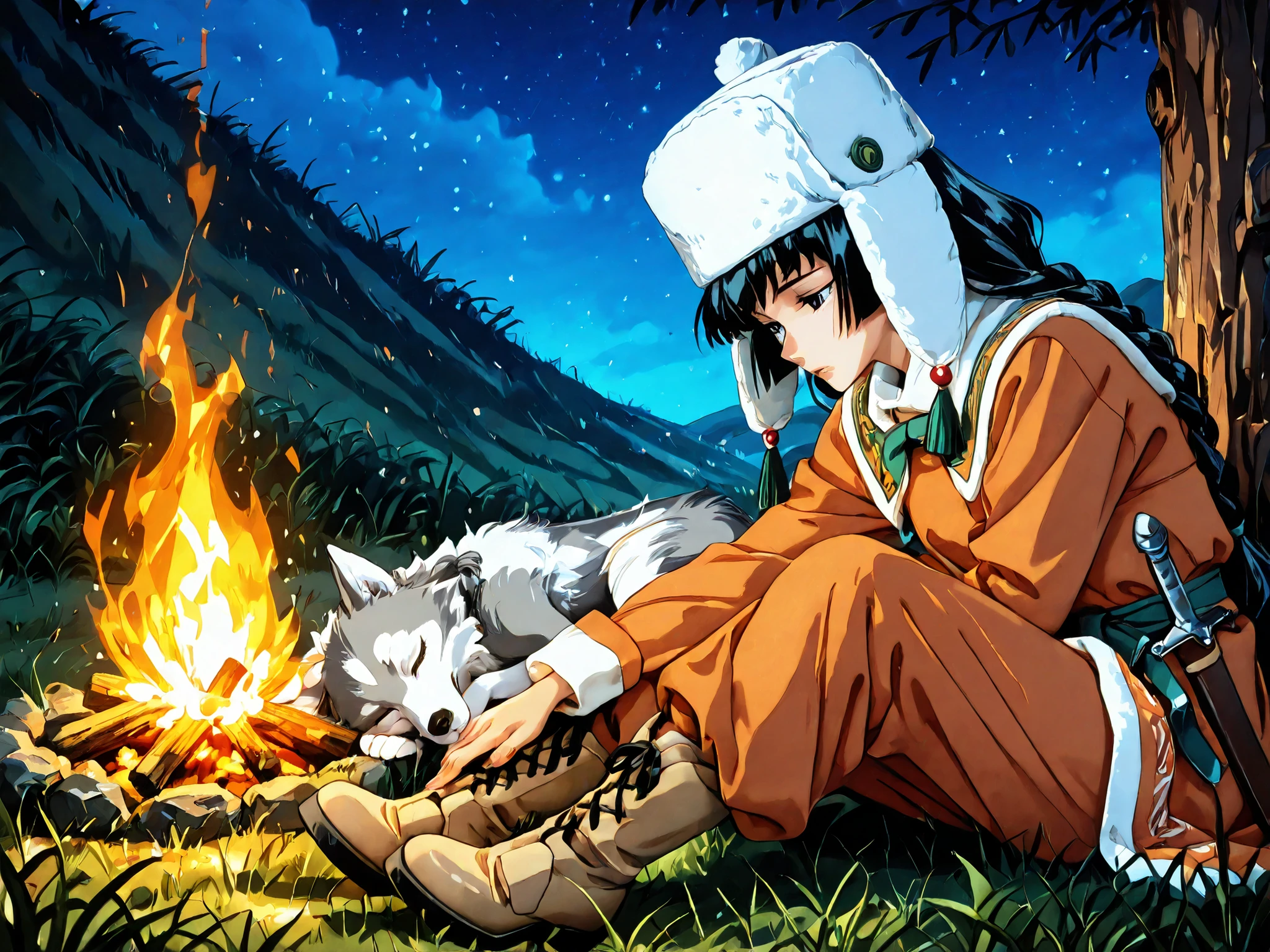 1 girl with little wolf,sleeping,bonfire,pretty girl,black eyes,black hair,long hair,braids,skinny,masterpiece,general,highres, ultra-detailed,very aesthetic,best quality ,best hands,best eyes,perfect anatomy,anime coloring,retro art style,1990s /(style/),easynegative,BREAK,traditional mongolian deel,del,long sleeves,mongolian style boots,mongolian fur hat,long trousers,accessories,BREAK,steppe climate,mongolian steppe,grassland,from side,holding,hatchet, sheath,bow,cute,kawaii,little wolf,sleeping,night,bonfire