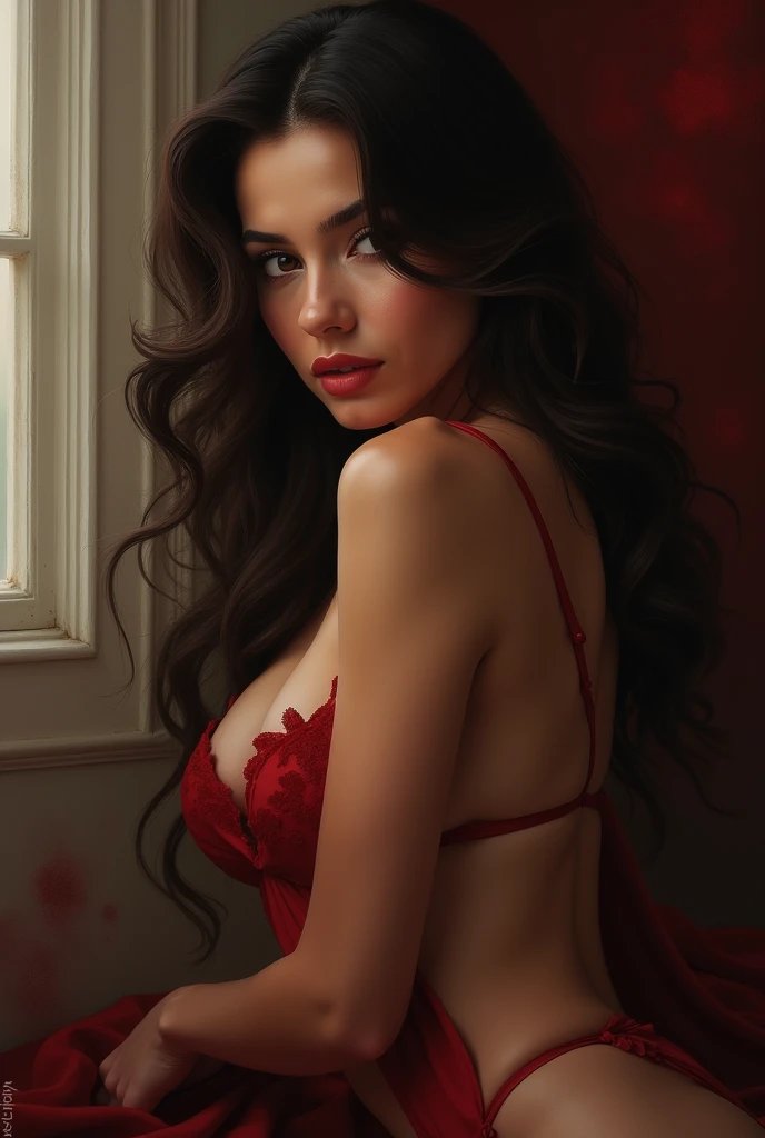 Artist&#39;s impression of Scarlet Witch by Louis Royo., Boris Vallejo, Frank Frazetta, extreme focus, sharp details, sexy,  oily skin, sexy, mischievous, neckline