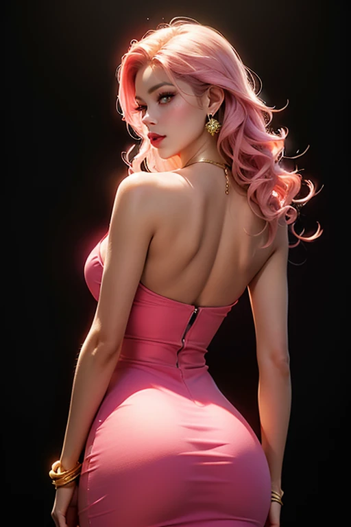 1girl, light pink long hair, walking to hotel, big breasts, light pink pencil skirt, high heels, full body, back view, anatomically correct, high details