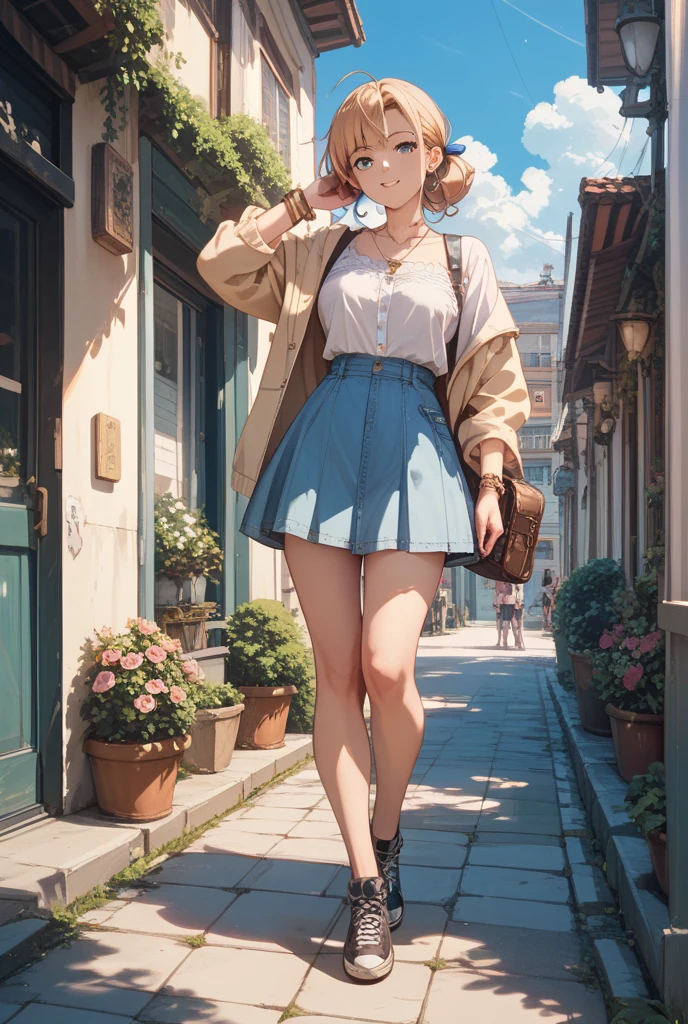 realistic anime illustration of pretty young chinese girl is walking on footpath at modern down town, she is holding a smartphone and carrying side bag, she has dark brown bun hair (+forehead), wears beige strapless, blue-gray denim a-line mini skirt, sandals, (1girl, solo, full body), (masterpiece, best quality, japanese anime style), (expressive eyes, perfect face, perfect anatomy)