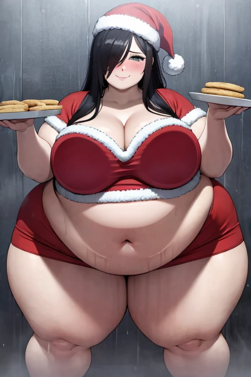 , very fat, safe for work, fat, large belly, standing, grabbing belly, very fat, large stomach, chubby (best quality, masterpiece), Ai hoshino safe for work, obese, giant belly, fat, huge, heavy, very fat, safe for work, fat, large belly, standing, grabbing belly, very fat, large stomach, chubby (best quality, masterpiece),Christmas, wearing sweater, eating, sitting down, table full of food, cookies, eating cookies, very fat, Christmas season, Christmas time, Christmas season, holidays, Christmas sweater,