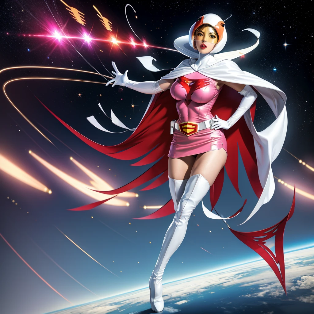ANI_CLASSIC_jun_gatchaman_ownwaifu,1girl, 15yo,good anatomy, masterpiece, best quality,realistic, hyperrealistic, 16k hdr, long hair,breasts,green eyes,lips,large breasts,lipstick,makeup,gloves,cape,helmet,belt,elbow gloves,white gloves,mask,ultra miniskirt,leotard,spacesuit,white tight overknee highheels boots,pink dress,superhero,bodysuit,cleavage,erected nipples,(sexy pose,view from below),(spread legs:1.1),cameltoe