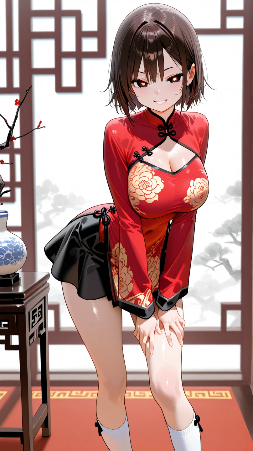 (masterpiece、highest quality)、(Photorealistic:1.4)、 Mature Woman, Beautiful thighs、Front view、1 girl、30 years old、Perfect Face、Symmetrical cute face、(Short Hair、Black Hair)、Big eyes、Long eyelashes、((expensive))、Beautiful Hair、Beautiful Face、Beautiful and beautiful eyes、Perfect Proportions、Beautiful breasts、Beautiful feet、Beautiful fingers、((High quality fabric、Bright floral patterned Chinese dress、Skirt flip))、(To the hospital)、Are standing、 (smile), (((Skirt lift with both hands、panties are visible)))