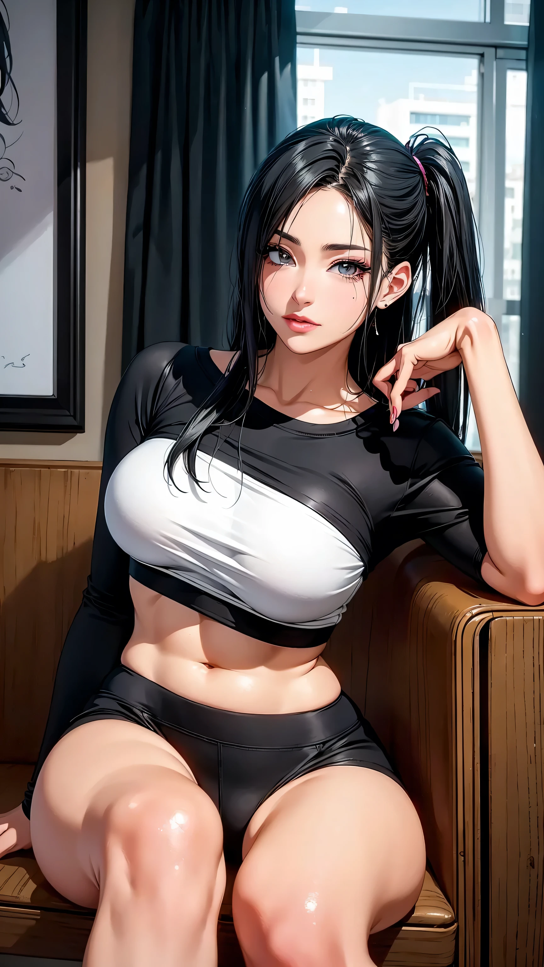 1girl,a beautiful fashion model ,(masterpiece, detailed background, best quality), elegant makeup, hoop earrings, seductive smile, oral invitation, hair between eyes, ear blush, full blush, 8k, super detail, ccurate, best quality, award winning, best quality, 1080P, 4K, textured skin, slutty outfit, abs, ((tan skin, shiny skin)), akali, long black hair, long ponytail, hair between eyes, blue eyes, girl wearing revealing ninja outfit, visible thong straps slender, athletic, slim
