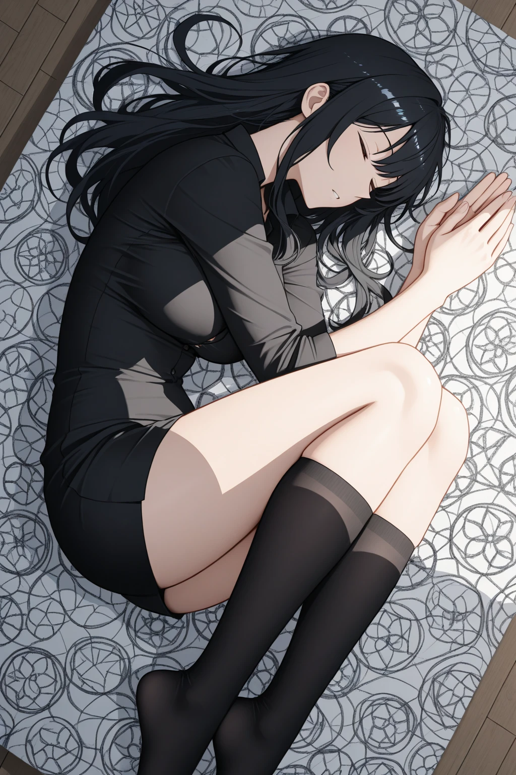 (view from back) woman Lying on stomach with hands propping up head, (shirt, tie, pants:0.5) (detailed realistic face), (((hyperdetailed))), zoomed out, symmetrical face, detailed pupil, expressive eyes, makeup, real photography, modern look, Real photography (Realisitc:1.5), han Sooyoung, crazy, crazy eyes, yandere, begging, desperate, disheveled, messy hair, tears