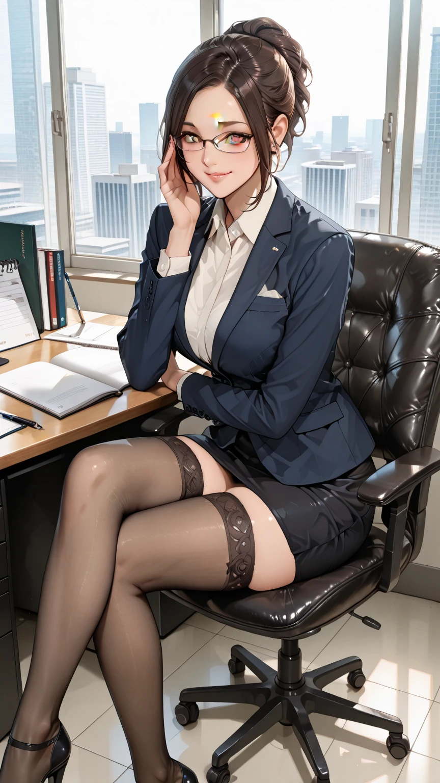 Wet miniskirt office lady suit、Huge edium brown hair、25-year-old gravure idol、Shiny oily skin、Shiny thighs、Sit and cross your legs、Panty shot