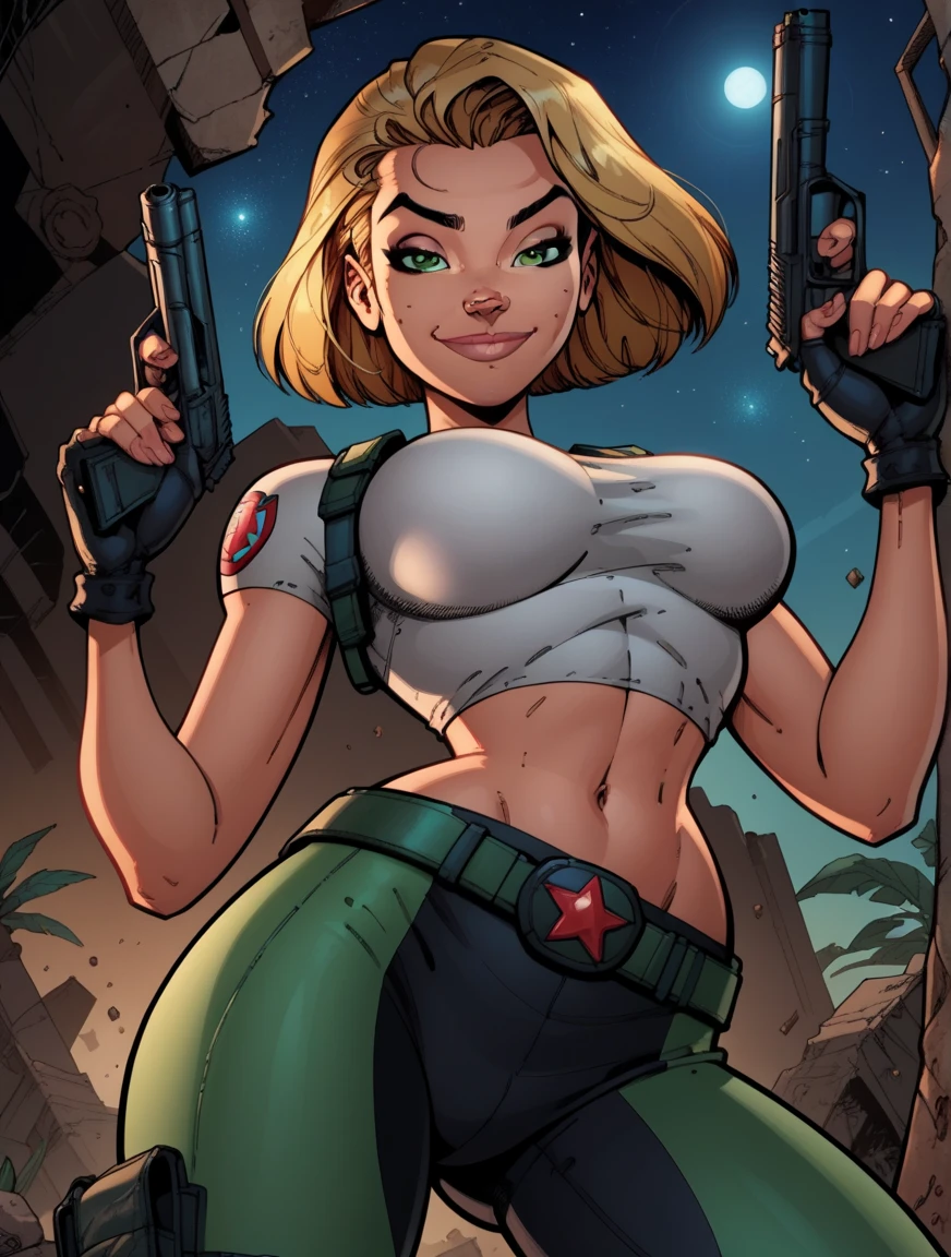 solo, 1girl, alien creature, striped skin, female, buff, muscular, huge breasts, highly detailed eyes, Amazon, wearing camouflage_uniform, (urban uniform:1.2), military camp, rolled sleeves, shirt, trousers, cleavage, standing upright, combat boots, full body, smiling, friendly, looking at viewer, realistic lighting, by darkgem, by wfa, by bng,