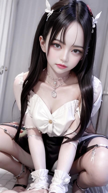 ((((Highest quality, High resolution)))), Extremely detailed 8K, Beautiful girl with slim body, (Ultra HD, Very detailed, Very detailed, Very realistic, Ultra-realistic, Photo Real), (One girl:1.5), Long Hair、Twin tails、Brown eyes, (Medium Breast: 1.2), (Beautifully detailed face, Beautiful attention to detail), (Sheer blouse:1.4),(Cleavage)、(Light of the sun, sunlight),(slender:1.5),(Light clothing:1.6),(Open chest)、(Idol face:1.7),(Beautiful eyes)、(Beautiful face)、(Toned body:1.5),(masterpiece:1.8),Blushing、Beautiful Skin、Moist eyes、Embarrassed expression、Baby Face、smile、(Slim and beautiful legs:1.4),(mini skirt:1.4),(Panty shot:1.4),(squat)、