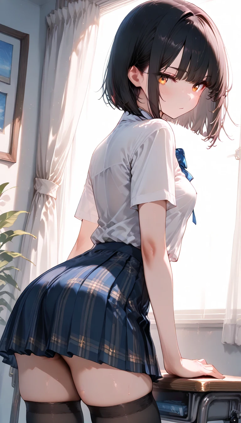 (On the table), Mature schoolgirls, sexy for, Rear, floral lace underwear, natural soft light, realisticlying, Camel toes, diffuse glow, depth of fields, White dress, steamy, (Flip skirt), realisticlying、電車の中で、Turn your ass to the viewer、embarrassing expression