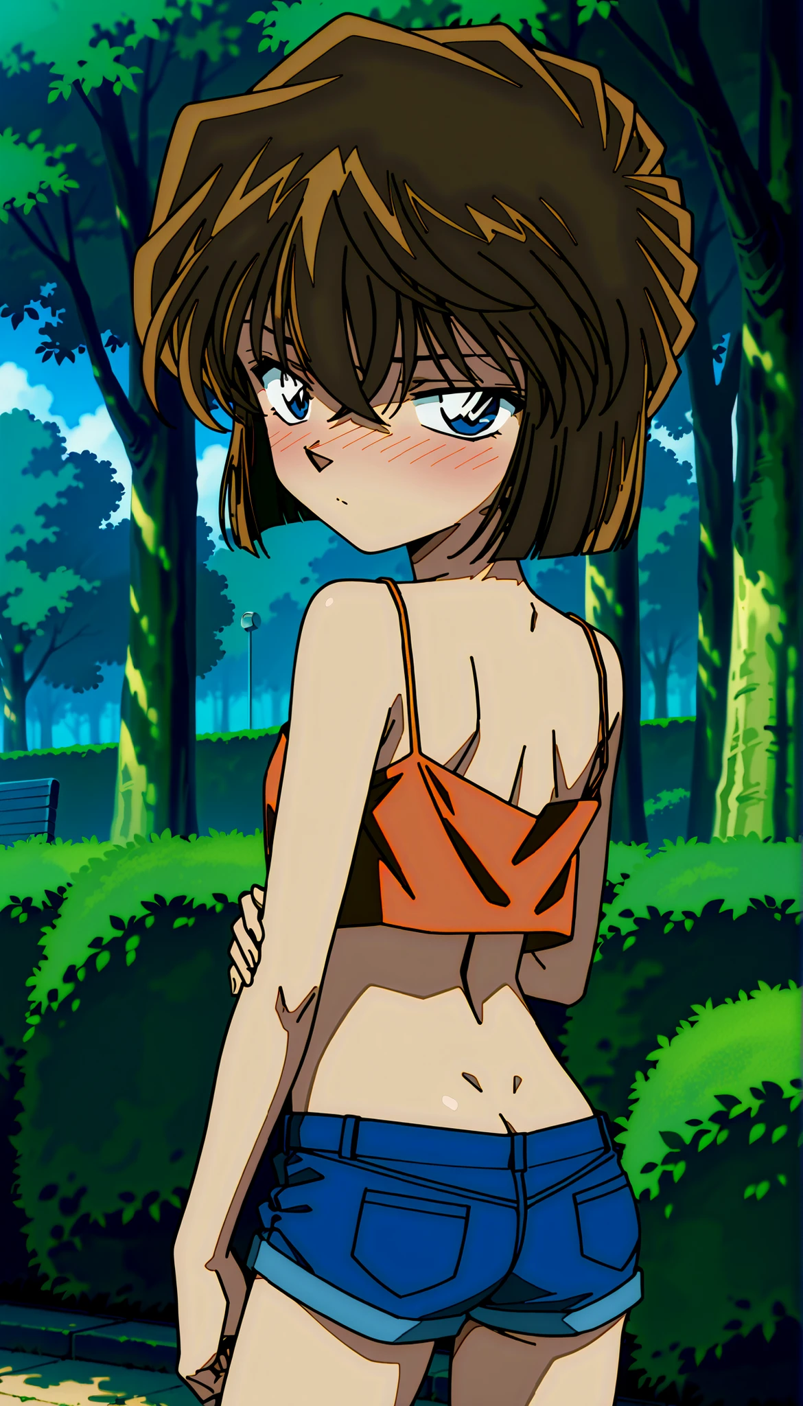 sexy female, brown hair, blue eyes, crop top, (unzipped [red short shorts]), PANTIES, bracelet, earrings, golden necklace, walking at a carnival
