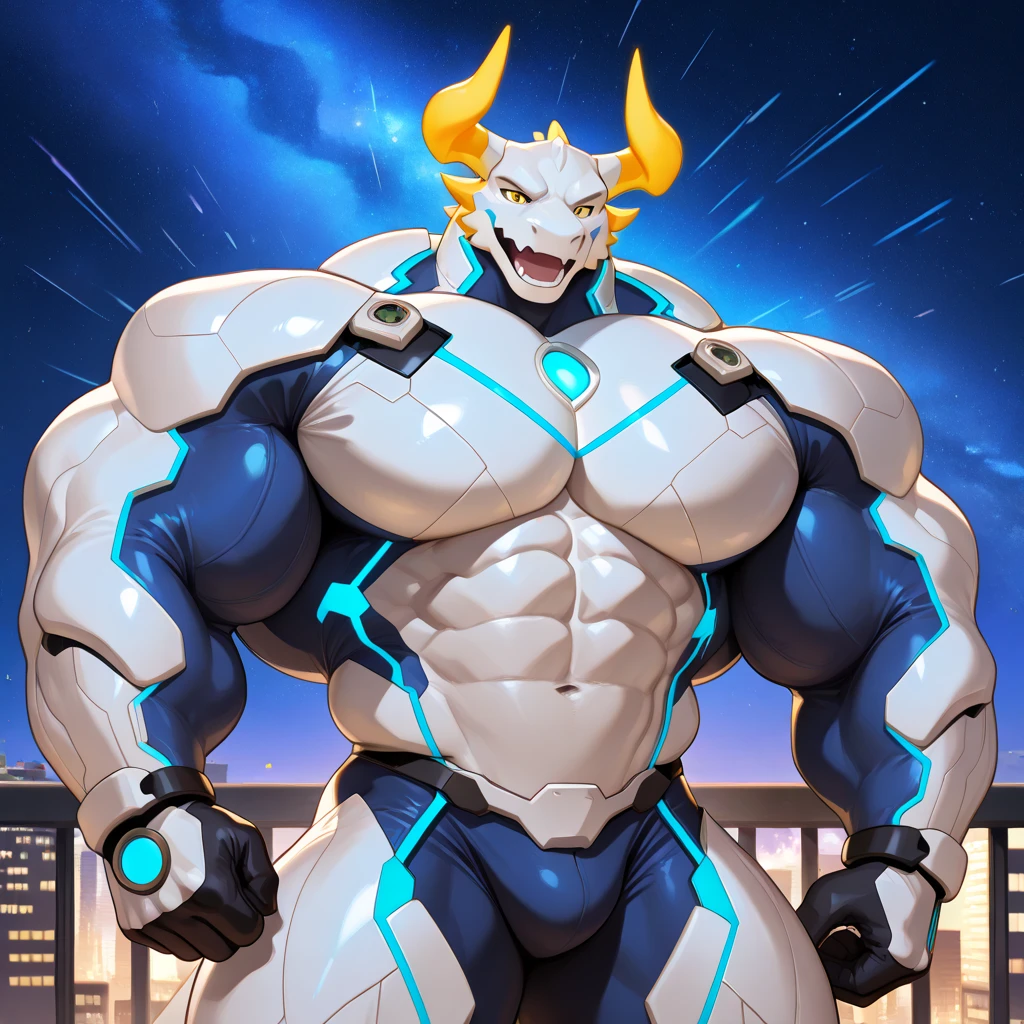 Muscular white minotaur, Masculinity, Pectoralis major, Heavyweight, Bodybuilder figure, Wearing cyberpunk mechs, Dress, View of the Milky Way from a spacecraft, In the Universe, Bright smile emoticon, sparkling skin, Vibrant colors, 4K, realism, Cool lighting