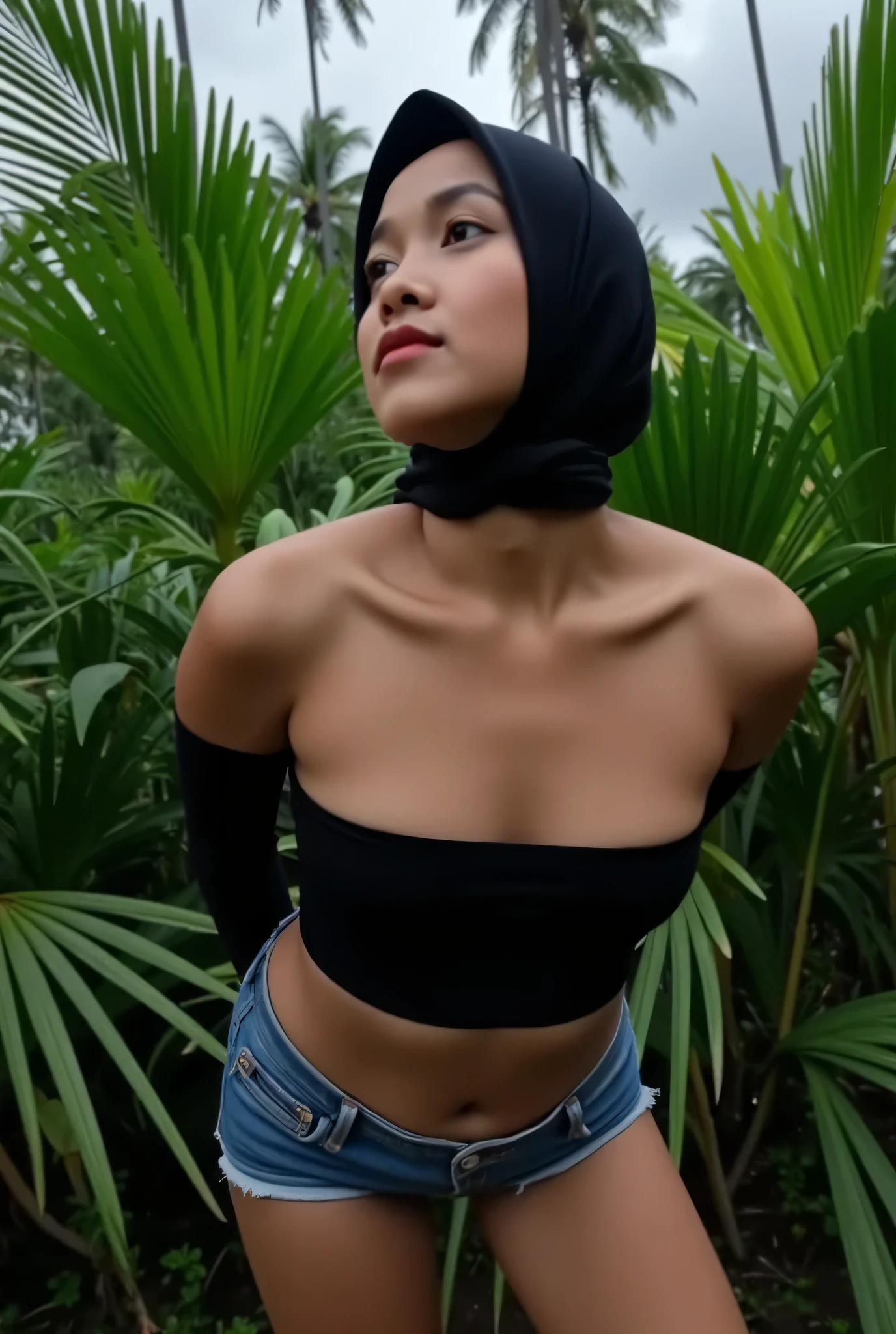 Malay girl wearing hijab, no bra ((undress)), short yoga pants, open shirt, portrait photography, ultra detail, professional photograph with professional lighting, smile, at the garden, outdoor background, sexy seducing pose, curvy body, butt closed up angle, wide hips