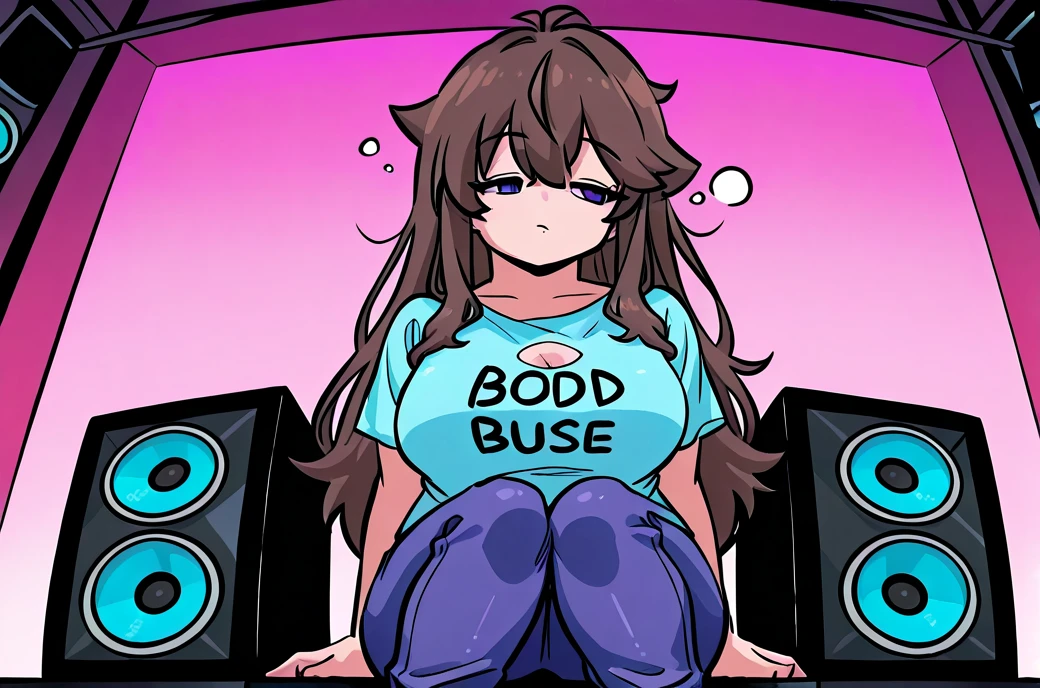 1 girl, smiling, wearing oversized purple shirt reaching mid-thigh, text "H a r l" .beautiful detailed eyes,beautiful detailed lips,vibrant color,.