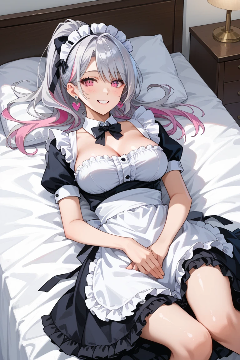 BREAK (masutepiece:1.2), Best Quality, High resolution, Unity 8k壁纸, (Beautiful detailed eyes:1.6), extra detailed face, Perfect Lighting, extremely details CG,女の子1人、独奏、Arisu、(Viewer's Perspective、cowboy shot:1)、(Light purple hair、White hair、Medium Hair) 、Arisu has、、pinafore, doress, frilld, Maids, maid apronl, Maid headdress, Short dress, 独奏, black thighhighs, Shawl Uniform、Naughty big、large full breasts、(Perfect hands, Perfect Anatomy),Look at viewers、a bed、Bedroom、(Sleep on your back:1.3)、(white panty:1.3)、(Skirt that rolls up:1.3)、(Fully exposed panties:1.5)、Surprised、red blush、(Pushed down on the bed:1.3)、Open mouth
