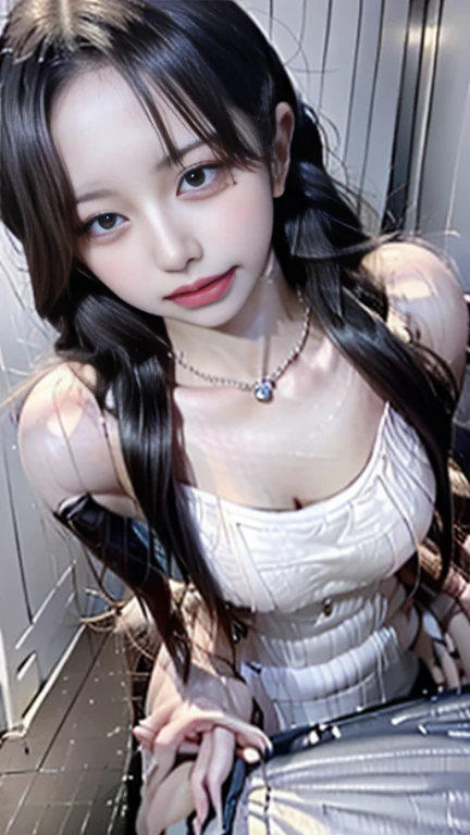 ((Top Quality, 8k, Masterpiece: 1.3)), Crisp Focus: 1.2, Beautiful Woman with Perfect Figure: 1.4, Slender Abs: 1.2, (((Layer Cut, Big: 1.2)), Wet Body: 1.5, Highly Detailed Face and Skin Texture, Detailed Eyes, Double Eyelids, Ponytail, BDSM, Slave, Black Corset, Bondage, Collar, From Below,Disdain, Panties,knee boots
