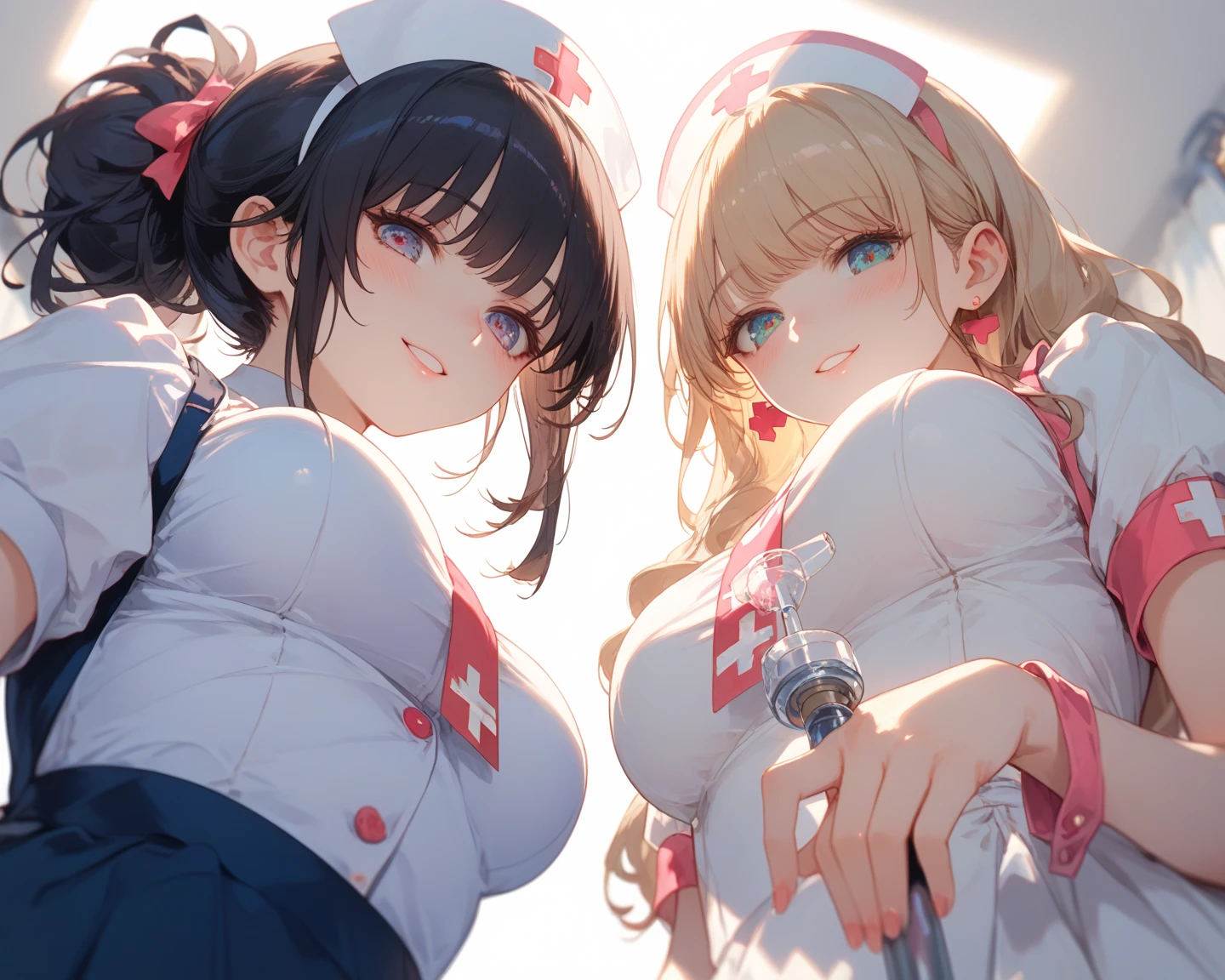 anime girl with big breast posing in a medical room, (nurse uniform, beautiful eyes finely detailed), seductive anime girl, smooth anime cg art, oppai, anime moe artstyle, girl in nurse dress, [ 4 k digital art ]!!, thicc, cute anime waifu in a nice nurse dress, (sfw) safe for work, fluffy chest, marin kitagawa fanart, attractive anime girl