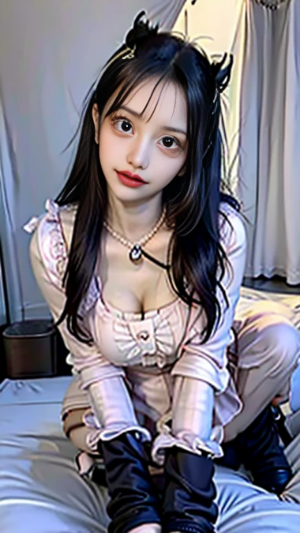Mature woman, blue hair, horns, red eyeshadow, heart-shaped eyes, one eye closed, seductive smile, excitement, holding hands, best quality, masterpiece, outdoor, sweater dress, Korean women, full body photo, fan face, double eyelids, smart peach blossom eyes, pink lips, small upturned nose, super high-definition, super details, slightly fat, cute little face, biting lips, cos