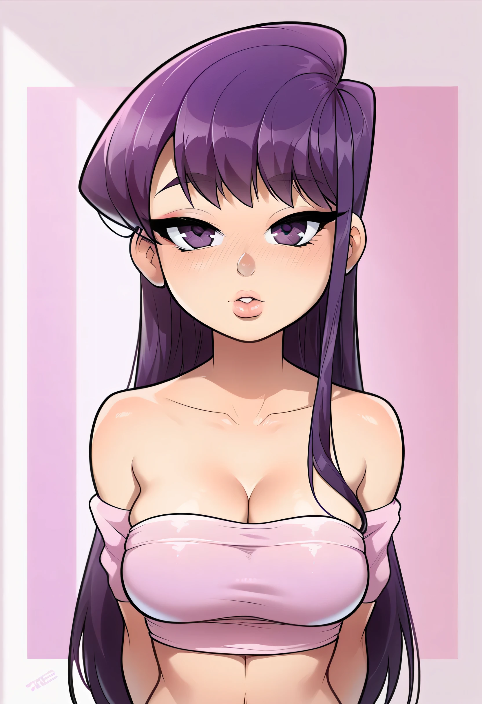 (perfect face, perfect body), purple hair, very long bangs hair, purple thin eyebrows, purple eyes, nose, lips, collarbone, cleavage, (medium breasts, perfect breasts), (off shoulder tube top, pink off shoulder tube top), arms behind back, looking at viewer, ((komi shouko))