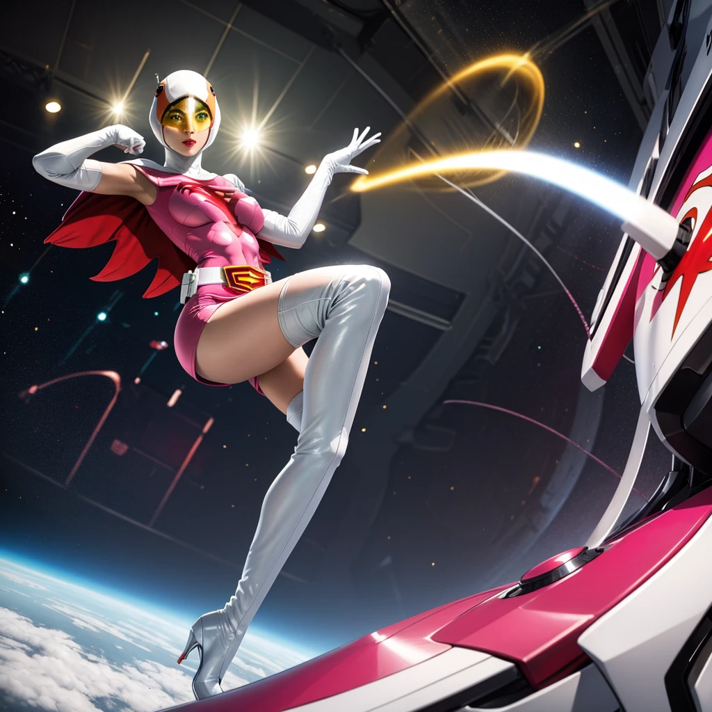 ANI_CLASSIC_jun_gatchaman_ownwaifu,1girl, 15yo,good anatomy, masterpiece, best quality, realistic, hyper realistic, 16k hdr, breasts, large breasts, lipstick, makeup, gloves, cape, helmet, belt, elbow gloves, white gloves, mask, ultra miniskirt, leotard, spacesuit, white tight overknee highheel boots, pink dress, superhero, bodysuit, cleavage, erected nipples,(sexy pose, from below:1.2),(spread legs:1.1),cameltoe