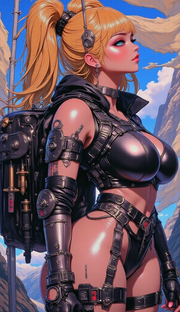 ((best quality)), ((masterpiece)), (detailed), 1girl, 8k_wallpaper, extremely detailed eyes, extremely detailed body, (large masterpiece digital art), ((perfect anatomy huge chest)), (intricate details:1.3 ), (ultra-detailed:1.3), (sharp focus:1.3), (natural lighting:1.05), (best quality:1.4), high quality, expressive eyes, full body, tall girl, detailed face, beautiful face, perfect face, detailed ((blonde hair)), (gold eyes), ({dark skinned female}), gigantic breasts, thick thighs, strong arm and leg muscles, strong abdominal muscles, Korean women, wearing a modern short black cloth jacket with rolled up sleeves, (wearing heavy gold colored steel cyber armor), a wide red leather belt with blue steel yarn, steel boots, steel thigh guards, a walkie-talkie attached to his belt, a hiking backpack on his back, rides a motorcycle through a flower field on an unknown planet against the backdrop of distant mountains and a lilac forest, cyberpunk,
